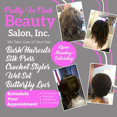 Schedule your next salon appointment with Pretty in Pink Beauty Salon, Inc.