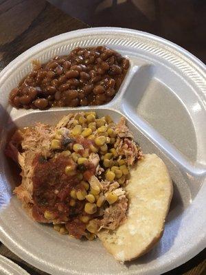 Spanish chicken sandwich (with corn on top) and baked beans