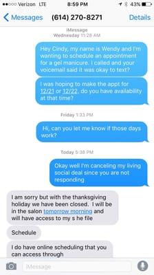 Text conversation trying to reach this woman to schedule an appt.