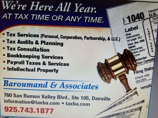 We're here all year. Tax time or any time.  information@taxba.com San Jose: (408) 984-5252 Danville: (925) 743-1877