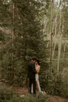 Elopement in the woods, bride and groom portraits.