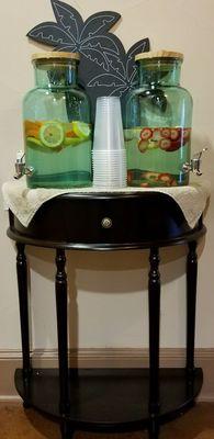 This is our spa refreshment area,  relax with a cool glass of fruit infused water before or after your appointment, or both! :)