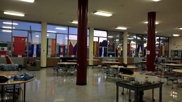 Flags festooning the dining hall...