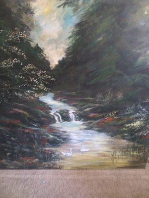 Majestic stream through the forest is painted on canvas with oils and acrylics mix. 5ft x 5ft