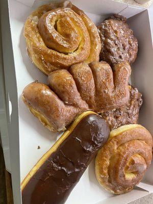 Selection of 6 BIG Donuts-Apple fritter, bear claw and a delicious crème filled chocolate covered one.