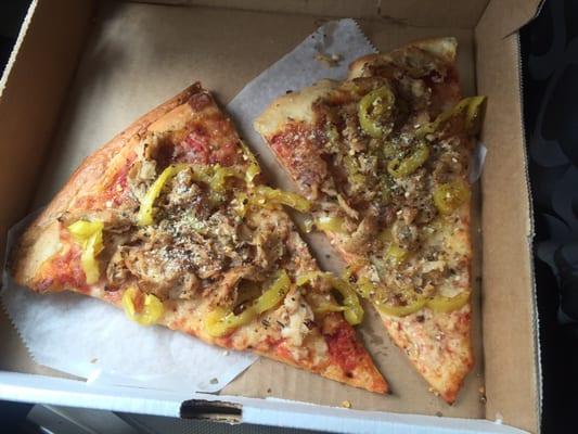 2 slice special that comes with one topping and a drink for 5.00. I got chicken and banana peppers.