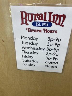 Tavern Hours as of 11/29/22.