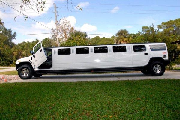 White stretch Hummer that seats up to 16 passengers.