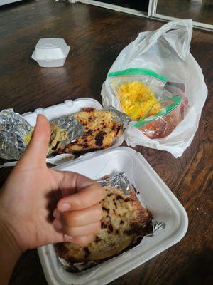 bean/cheese, bean/cheese/pork, cheese/zucchini pupusa w toppings