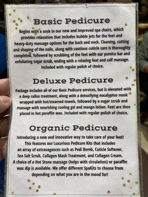 Pedicure menu (description)