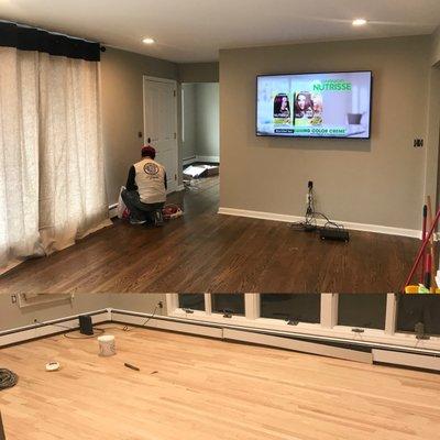 Living room before and after - installed recess lighting / hang TV / floors + molding.