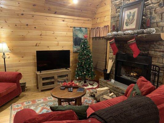 Wood burning fireplace, adorable living room decorated for Christmas!