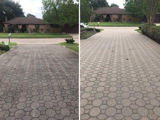 Before and after of a driveway pressure wash followed by the install of polymeric sand to prevent grass and weed growth.