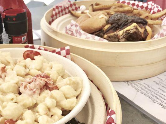 Mac and cheese with lobster, pulled steak and cheese sandwich