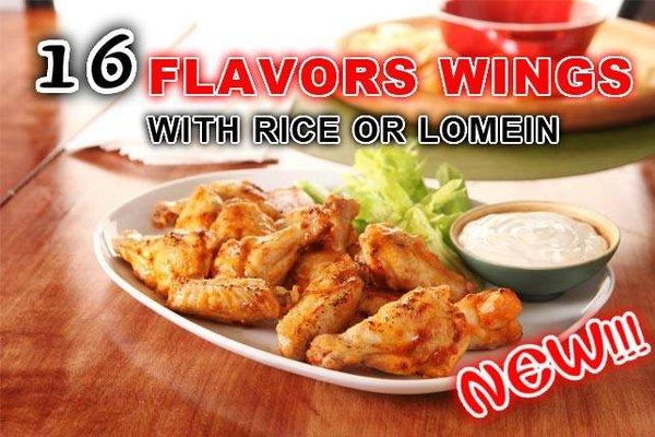 House special : 16 flavors wings with rice or lomein. Make it lit !