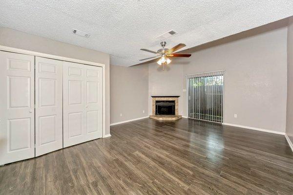 Living room area , Wood burning fire place.