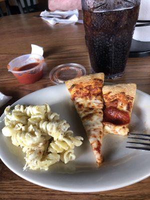 Pasta,  cheese pizza and pepperoni pizza from the buffet. I also had a large Diet Pepsi