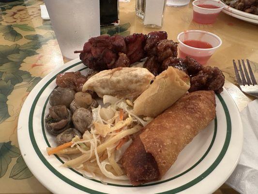 Plate #1 Egg Roll, Mushrooms, General Tso's Chicken, Chicken on a Stick, Dumpling