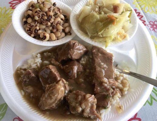 Beef Tips & Rice with Black Eyed Peas and Cabbage