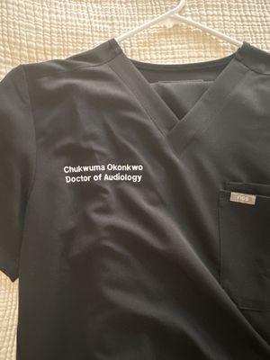 Patsy embroidery on medical scrubs