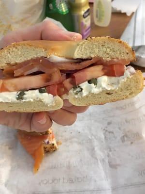 Smoked Salmon bagel sandwich.Smoked salmon,red onions,cream cheese,tomatoes @ Au Bon Pain, Civic Center