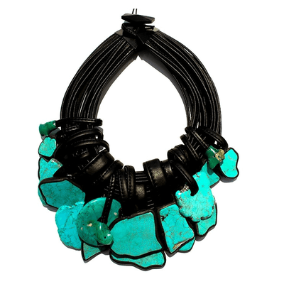 Monies statement necklace turquoise, coral, copper, and leather.