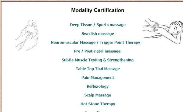 Sports massage, Neuromuscular massage, Pre and Post-Natal massage, Subtle Muscle Testing & Strengthening, Table Top Thai Massage