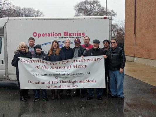 St. Xavier, Graham School of Business Management donated 175 turkey dinners. 2018