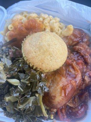 Dinner Platter w/ BBQ Chicken, Mac N Cheese and Collard Greens with cornbread muffin.