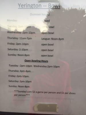 Yerington Bowl Summer Hours