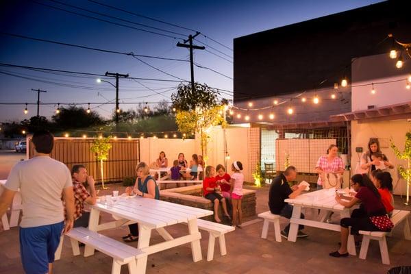 Outdoor patio at Ice Cream Sammies. Perfect for families, groups or a date night!