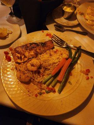 Salmon over shrimp scampi