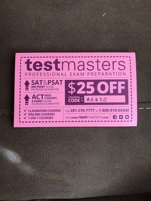 Use code "AG620" for $25 off a testmasters course!