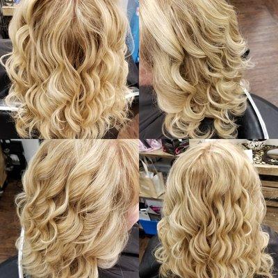 Highlights, base color,  cut and curls. I use Redken color line.