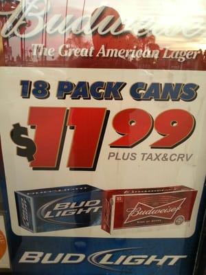 Bud & bud lt 18 pack cans $11.99+tax. Crv