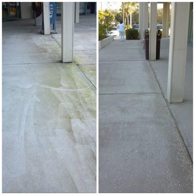 Before and After: pressure washing services for retail center sidewalks.