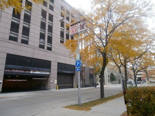 The Water Street Parking Structure entrance on N. Market Street in the fall.