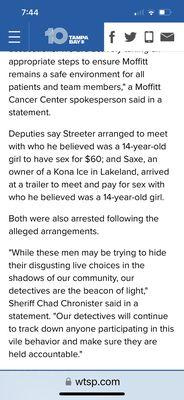 Channel 10 news human trafficker, Jay sax, Kona, ice Lakeland