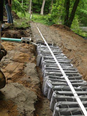 D-box and leach field before placement of C-33 sand for a residential septic system in Old Lyme, CT