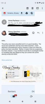 Nancy reaching out to my landlord and property management to clear up the renters insurance policy.