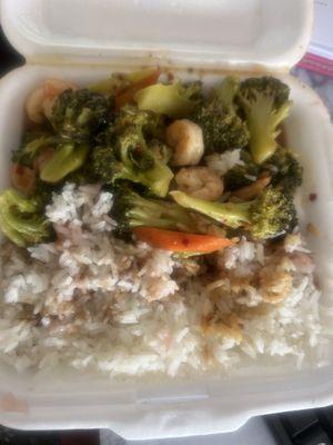 Not the best food. Shrimp and broccoli with white rice.