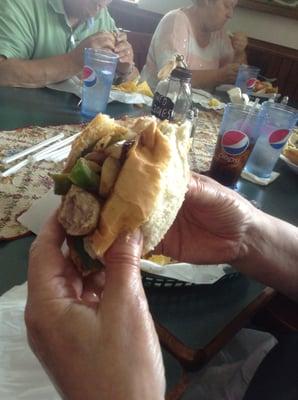 Friend's sausage sandwich.  I think he had eaten 1/3-1/2 by the time I took this photo.