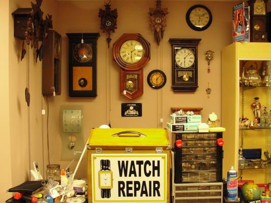 Variety of clocks old and new. Watch Batteries changed here