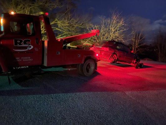 Using dollies so we were able to tow a all wheel drive vehicle on the wrecker.