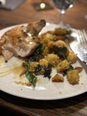 Chicken with gnocchi.  Nice sauce, chicken was above average, gnocchi overcooked (loses shape).