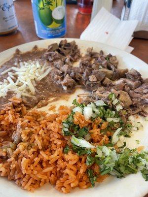 Beef tongue with Mexican rice and beans , so so good .