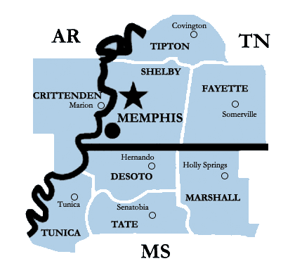 Memphis serves Shelby, Tipton, Fayette Co in TN; Crittenden Co in AR; Desoto, Marshall, Tate, Tunica Co in MS