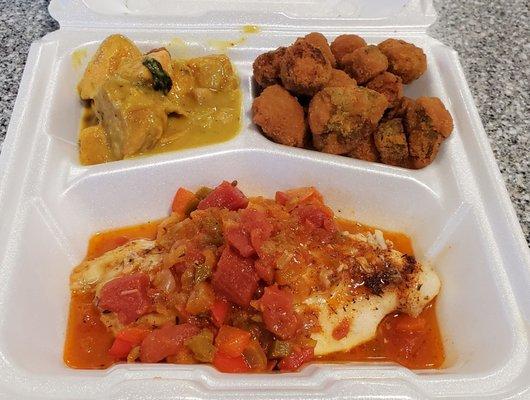 Baked Creole Catfish, Fried Okra, and Curried Sweet Potatoes