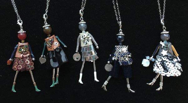 Girlfriends/Diva necklaces from Paris. 
 Swarovski crystal, sterling silver, hand stitched and embellished.