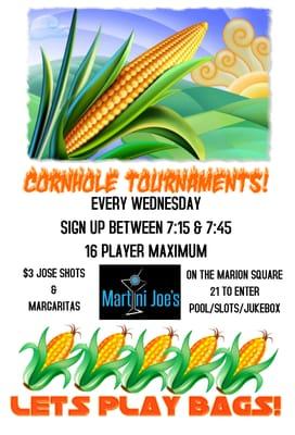 Cornhole tournaments Wednesdays, Pool tournaments Thursdays